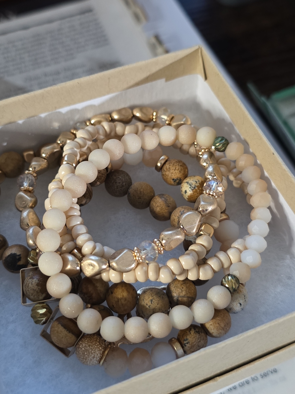 Neutral Beige & Gold 6 Stackable Beaded Bracelet Set